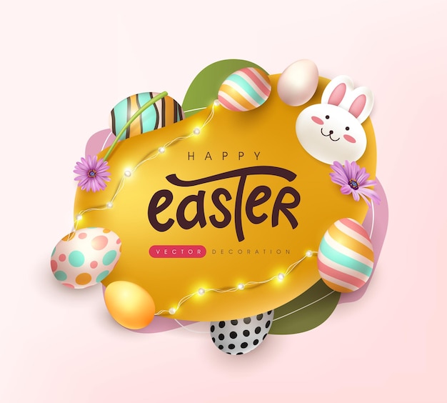 Easter greeting card banner background with cute rabbit and Easter eggs