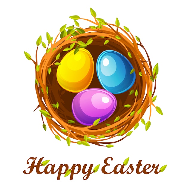 Easter greeting card, bird nest and color eggs