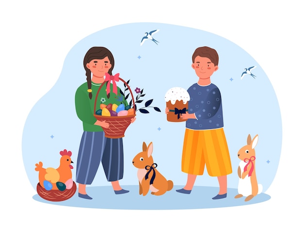Vector easter greeting card little boy and girl holding cake and basket with easter eggs in their hands
