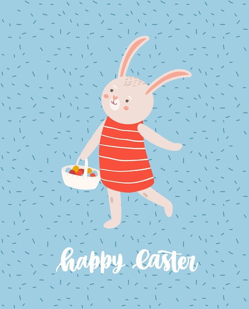 귀여운 토끼 또는 토끼 산책 하 고 장식 된 계란과 필기체 글꼴로 필기하는 휴가 글자의 전체 바구니를 들고 부활절 인사말 카드 서식 파일. 플랫 만화 그림입니다.