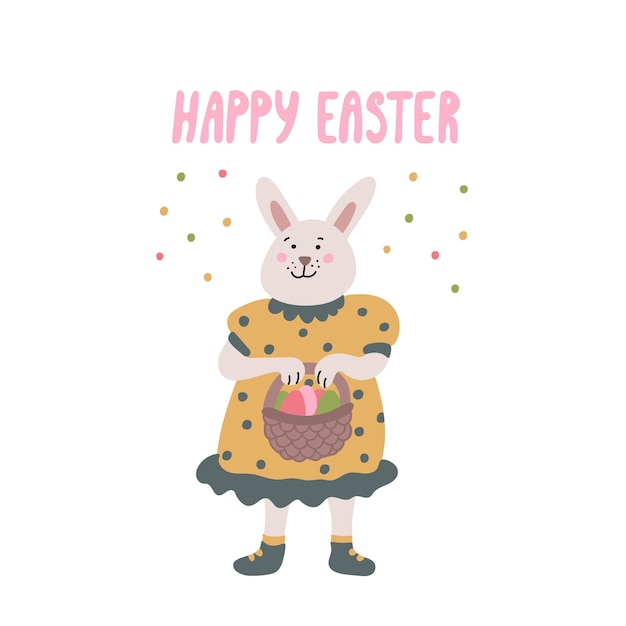 Вектор Пасхальная открытка с милой улыбающейся крольчихой или кроликом с пасхальной корзиной с яйцами