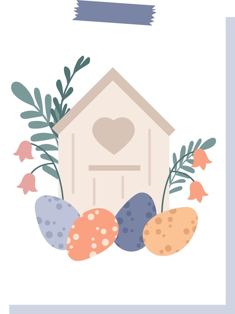 Vector easter greeting card with birdhouse