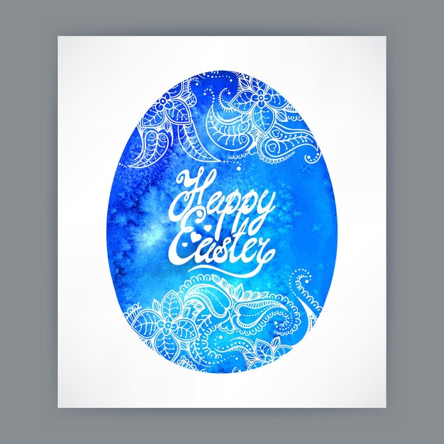 Easter greeting card with blue watercolor egg background with doodles abstract floral ornament