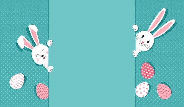 Easter greeting card with bunnies and eggs, illustration