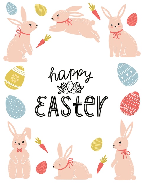 Easter greeting card with different cute Easter bunnies Easter eggs with handdrawn pattern and hand lettering phrase Happy Easter Color flat cartoon vector illustration on white background