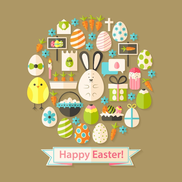 Easter greeting card with flat icons set circular shaped. greeting card flat styled with shadows