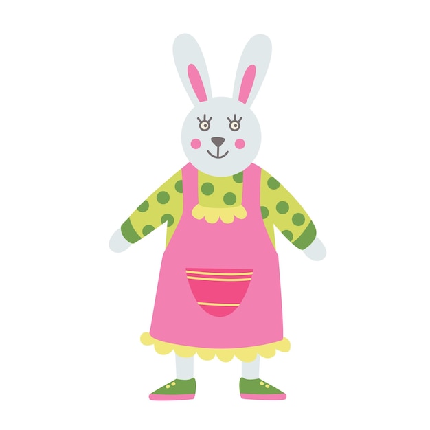 Vector easter greeting card with smiling little bunny girl with an easter egg and flowers