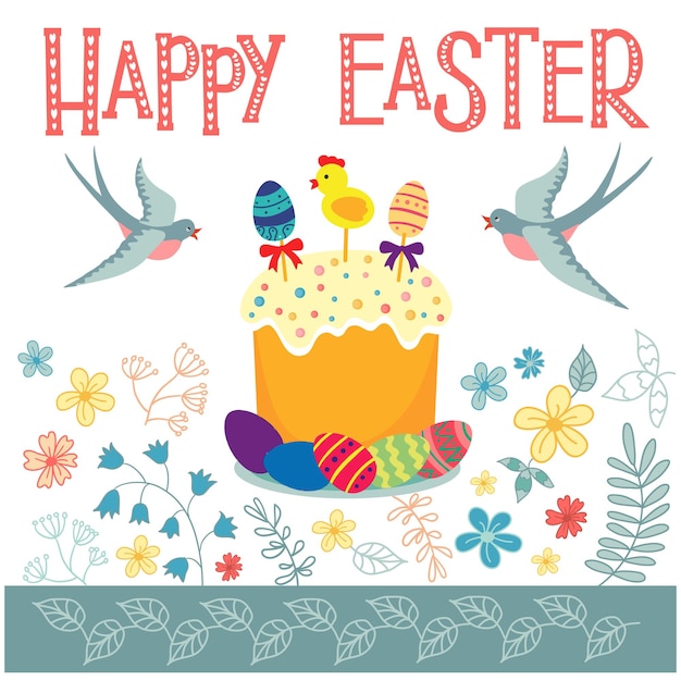 Easter greeting card with vector image of lettering, easter basket, colored eggs, swallows, bunny an