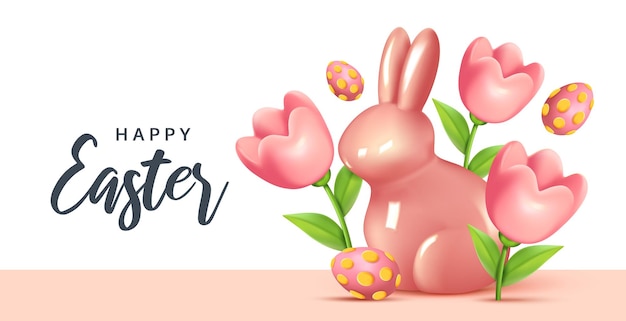 Пасхальная поздравительная открытка современный минималистичный дизайн с яйцами, цветами и кроликами для рекламы в социальных сетях