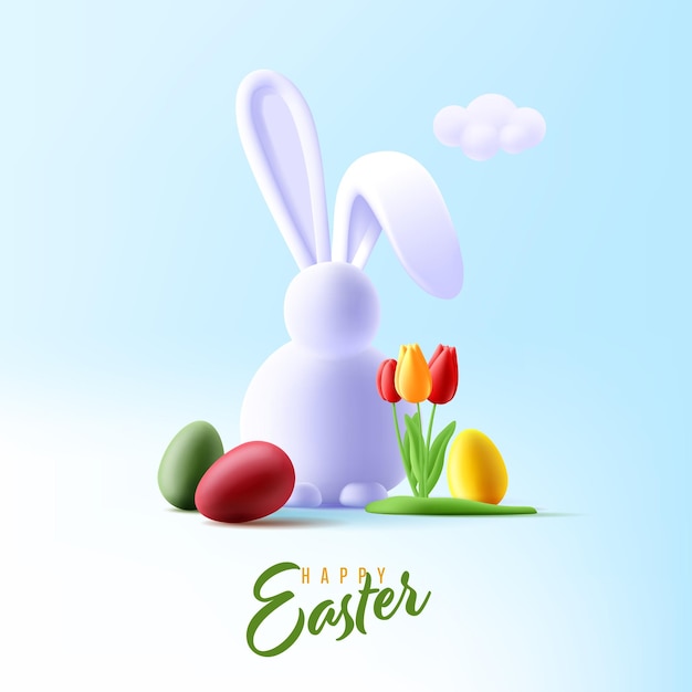 イースターの挨拶はがき色の卵の 3 d レンダリング イラスト ホワイト イースターのウサギとチューリップの花の書道の挨拶
