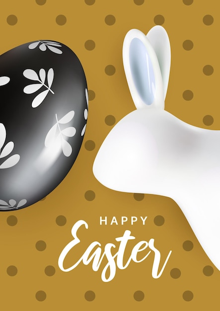 Poster di auguri di pasqua design moderno e minimale con uovo nero e coniglio