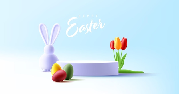 Easter greeting product placement podium with 3d render illustration of coloured eggs white easter bunny and tulips flowers