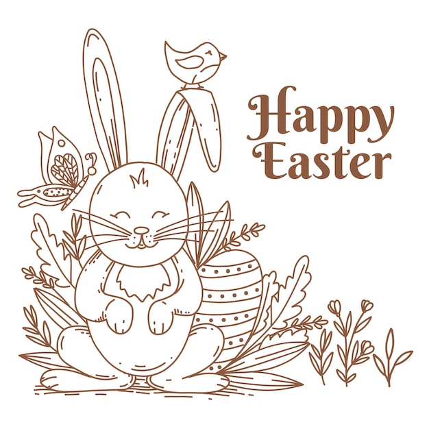 Vettore saluto pasquale con coniglietto e letering, illustrazione disegnata a mano