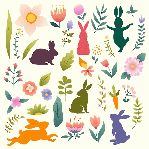 Vector easter hand drawn cartoon set easter elements with spring flowers and bunny in pastel colors