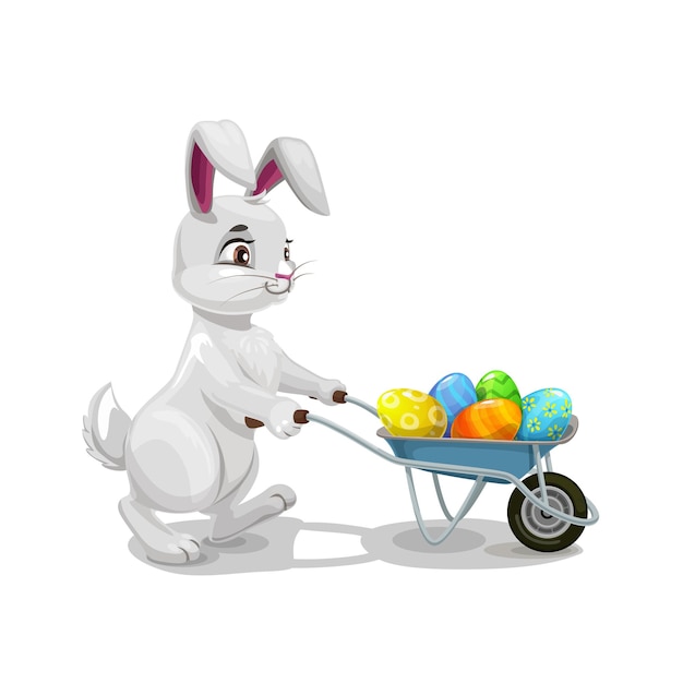 Easter holiday bunny with wheelbarrow and eggs