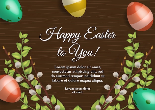 Easter Holiday Card with Colorful Eggs on Wooden Table