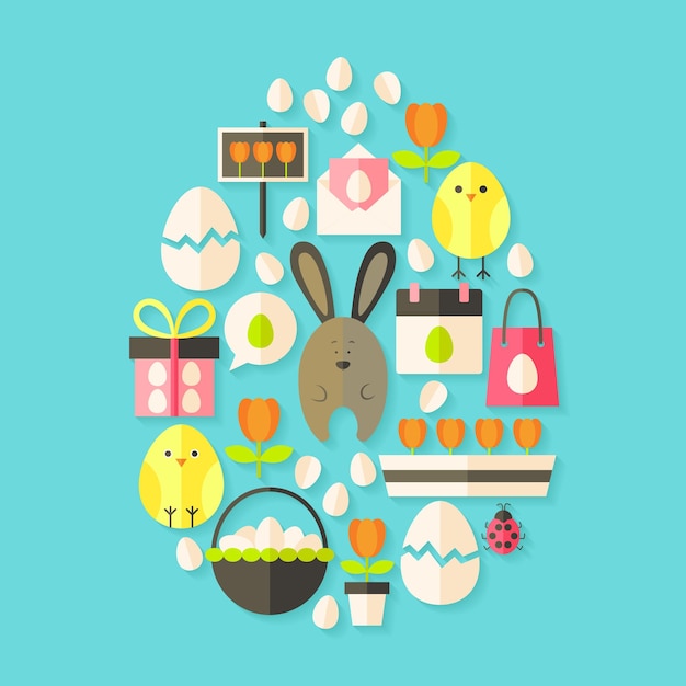 Vector easter holiday flat icons set egg shaped with shadow over blue. flat stylized holiday icons set