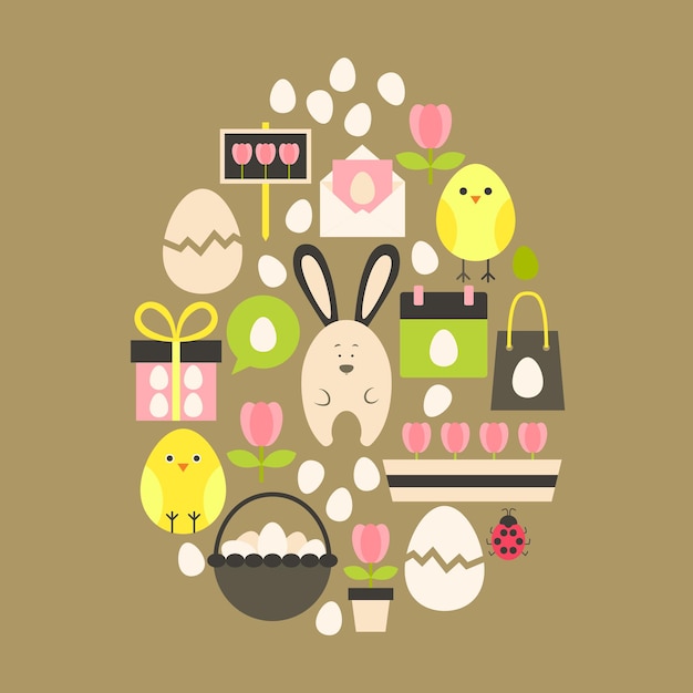 Пасхальный праздник плоский набор иконок над светло-коричневым. Набор плоских стилизованных праздничных иконок в форме яйца