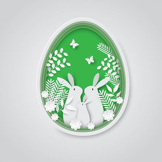 Easter Holiday paper cut background, Rabbit family in egg.