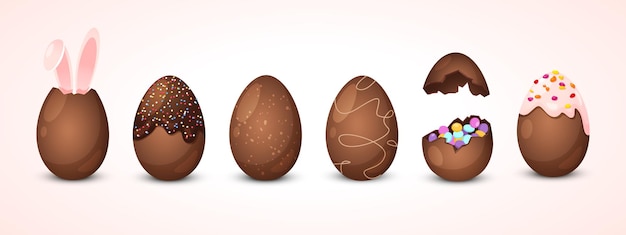 Vettore uova di cioccolato intere e morse per la festa di pasqua con diverse decorazioni