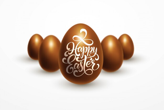 Easter holiday with chocolate eggs isolated on white with happy easter lettering.