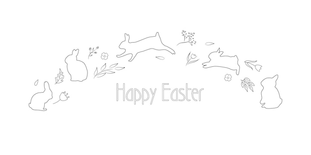 Easter horizontal cute hand drawn design with bunnies and flowers Great for Easter cards banners