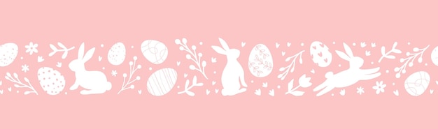 Easter horizontal flat monochrome seamless pattern by eggs doodles bunnies flowers Easter border