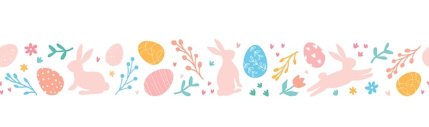 Easter horizontal flat seamless pattern by eggs doodles bunnies flowers Easter border