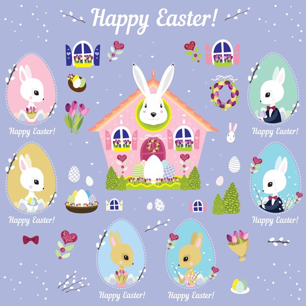 Easter house easter card bunny peeking out of the house vector illustration spring happy