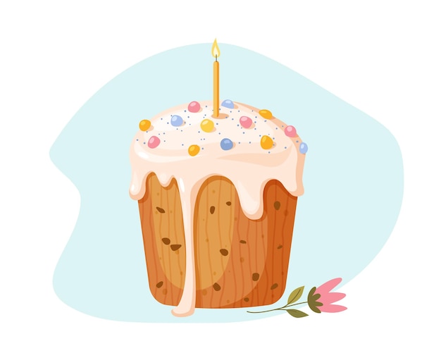 Easter illustration with a cute cake, candle, and flower