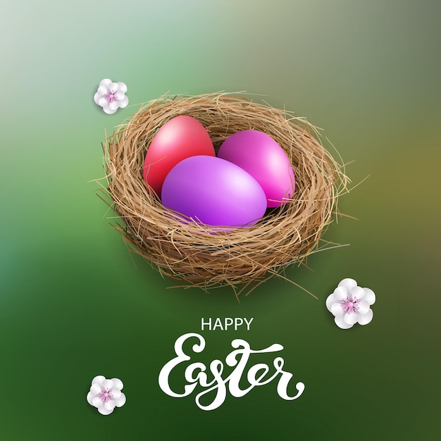 Easter illustration with isolated straw nest and eggs color green