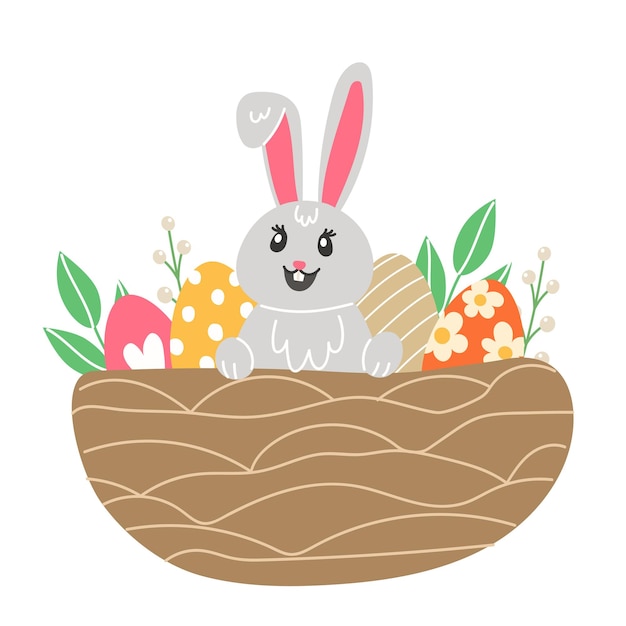 Пасхальная иллюстрация с крашеными яйцами в гнезде к празднику в мультяшном стиле