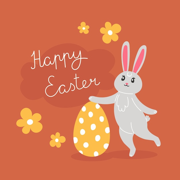 Пасхальная иллюстрация с кроликом и крашеными яйцами к празднику в мультяшном стиле