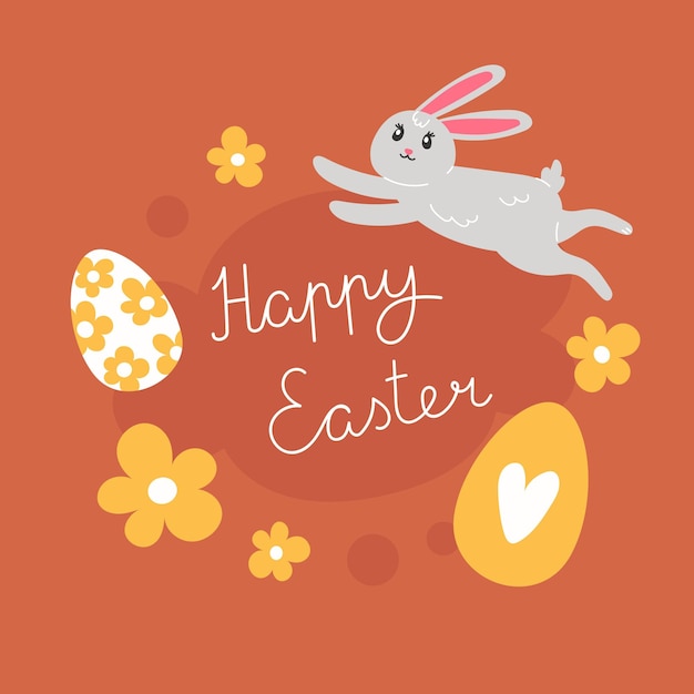 Easter illustration with rabbit and painted eggs for the holiday in cartoon style