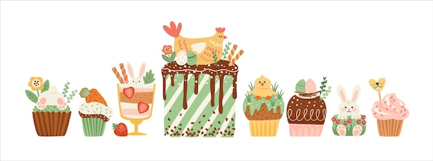 Illustrazione isolata di pasqua con dolci divertenti torta cupcake dessert con simboli pasquali disegno vettoriale