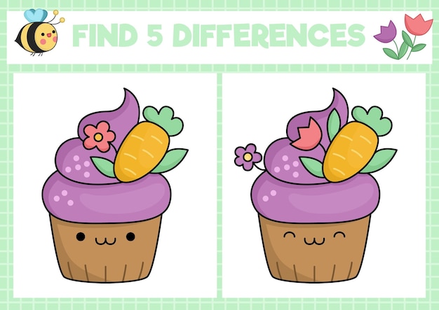 Vector easter kawaii find differences game for children attention skills activity with cute cupcake