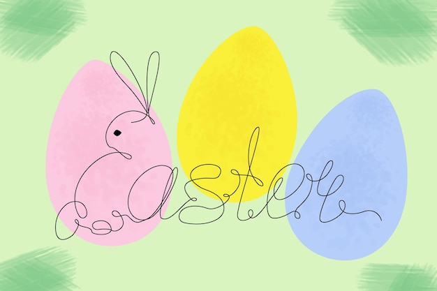 Easter lettering and bunny in one continuous line on a bright hand drawn background and Easter eggs