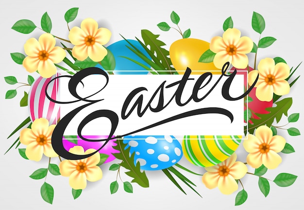 Vector easter lettering. easter greeting card with flowers.