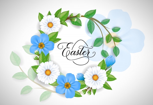 Easter lettering in flower wreath. easter greeting card.