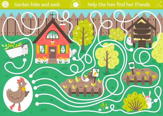 Easter maze for children. Garden hide and seek. Holiday preschool printable educational activity. Funny spring game or puzzle with cute animals. Help the hen find her friends.