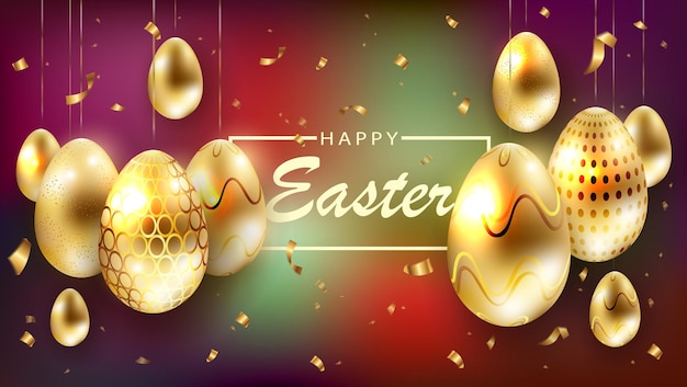 Easter multicolored composition with a set of hanging eggs of gold color with glitter greeting card