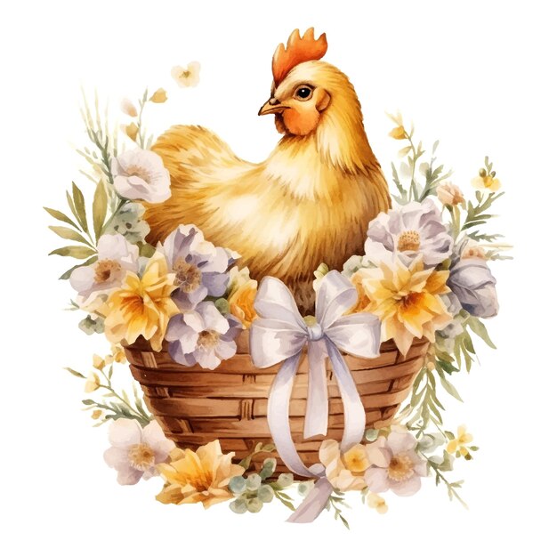 Vector easter multicolored eggs and chicken with flowers in a basket watercolor on white background