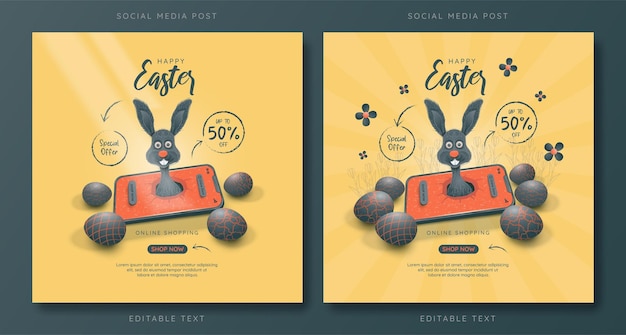 모바일 앱에서 삽화 손으로 그린 검은색 귀여운 토끼가 있는 부활절 온라인 판매