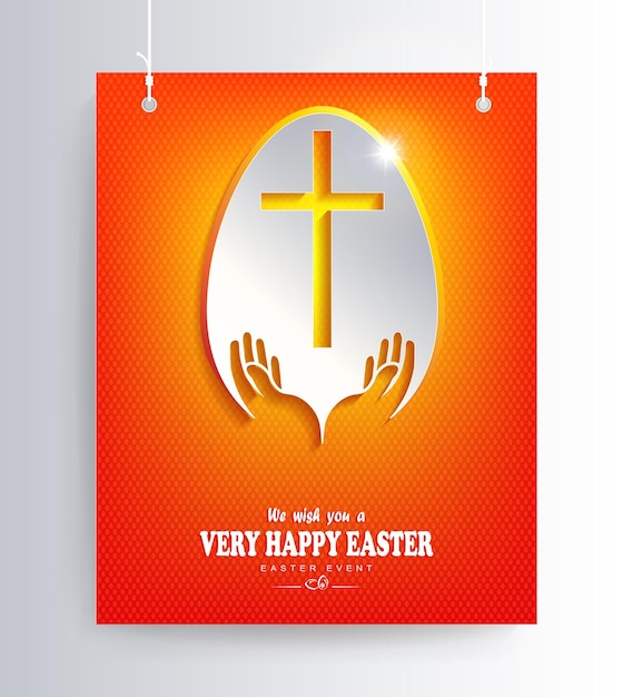 Vector easter orange composition with a silhouette of an egg with a cross and hands, postcard.