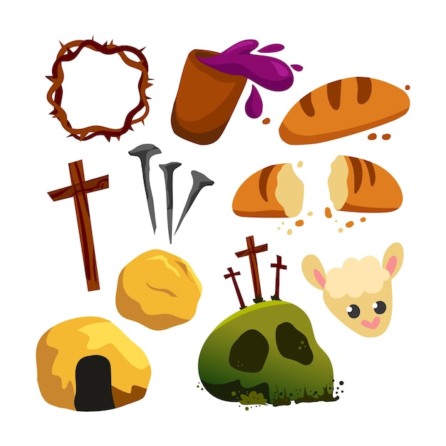 Vector easter pack christian illustration with bread cross wine tomb lamb nails and thorn crown