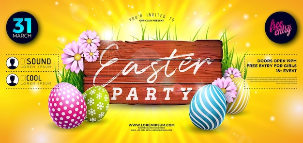 Easter Party Flyer with painted eggs wood board and flowers on yellow background Spring holiday