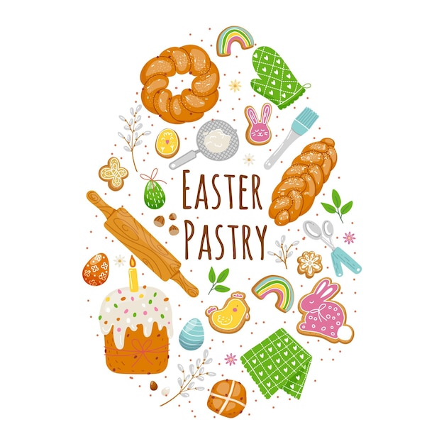 Easter pastry elements in egg formkitchen utensilstraditional baking goods