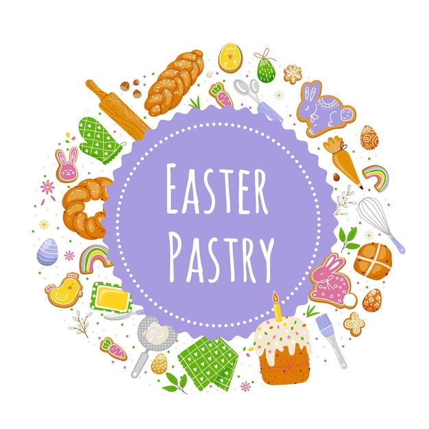 Vector easter pastry food with kitchen utensilsspring decorationtemplate for cover