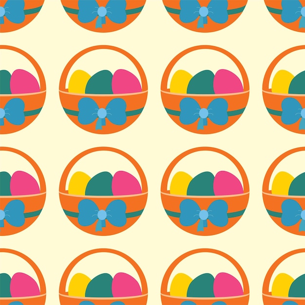 Easter pattern with basket with colored eggs and bow Color vector illustration