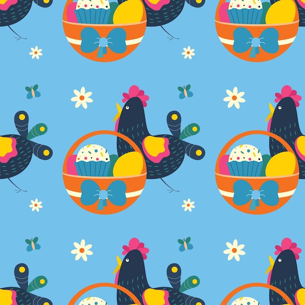 easter pattern with basket with colored eggs easter cupcake chicken flowers butterflies